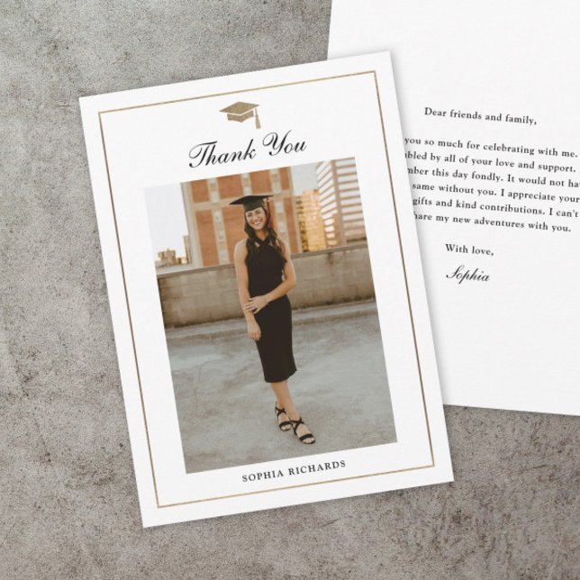 Carte De Remerciements Classic Script Black and White Graduation Photo (Classic script black and white graduation photo thank you cards.)