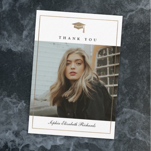 Carte De Remerciements Classic Script Gold Photo Graduation (Elegant gold graduation cap black and white photo graduation thank you cards.)