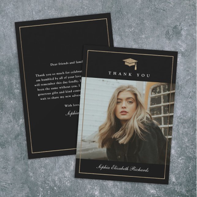 Carte De Remerciements Classic Script Gold Photo Graduation (Elegant gold graduation cap black and white photo graduation thank you cards.)