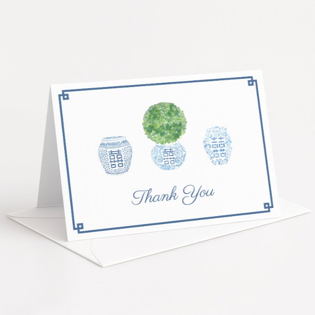 Carte De Remerciements Classique Boxwood Topiary Ginger Jar fête d'annive (Watercolor preppy boxwood topiary with ginger jars folding thank you card design greek key border)