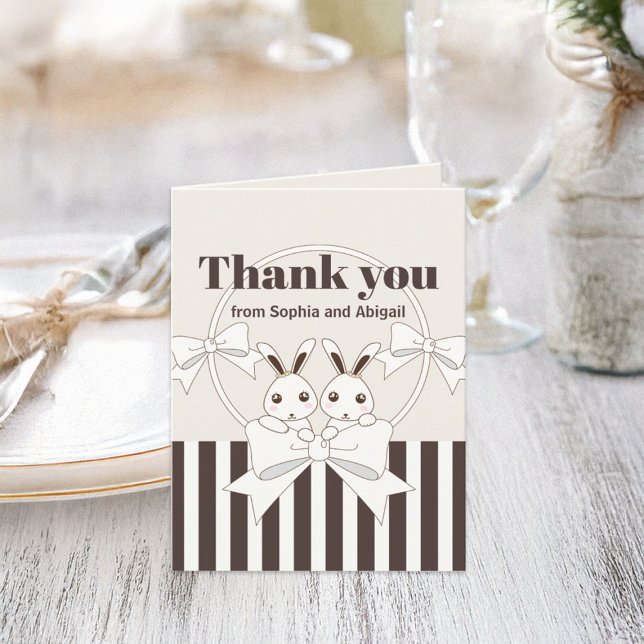 Carte De Remerciements Classique Moderne Cute Cartoon Bunny Twin Girl (Créateur téléchargé)