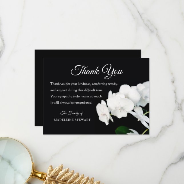 Carte De Remerciements Classique Noir avec Orchidées Blanches Sympathie F (Devant/Arrière en situation)