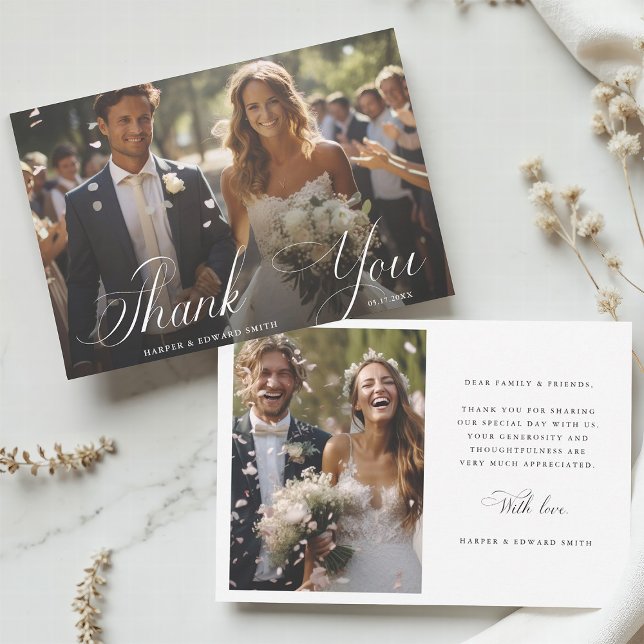 Carte De Remerciements Classy Calligraphy Mariage 2 Photo (Front & Back)