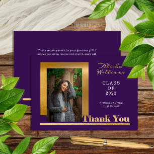 Carte De Remerciements Classy Elegant Gold Texte Gradué 1 Photo violet