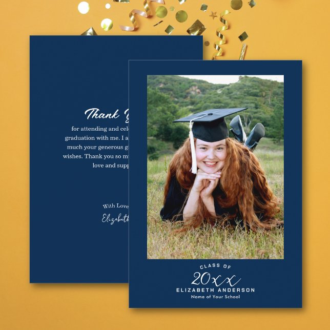 Carte De Remerciements Classy Elegant Script Navy Blue Graduation Photo (Créateur téléchargé)