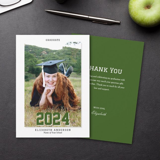 Carte De Remerciements Classy Forest Green Graduate 2024 Graduation Photo (Créateur téléchargé)