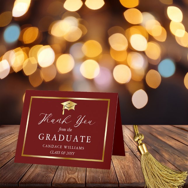 Carte De Remerciements Classy Gold Minimalist Graduation Maroon (Elegant and Classy Gold Tone Grad Cap Minimalist Graduation Folded Thank You Card)