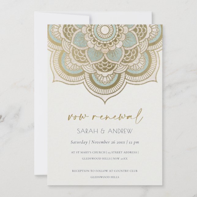 Carte De Remerciements Classy Ornate Gold Turquoise Mandala Vow Renewal I (Devant)