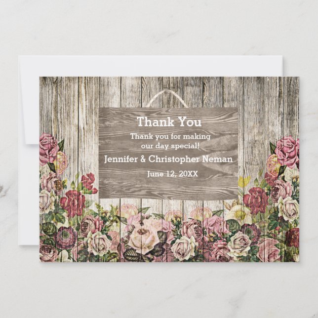 Carte De Remerciements Clôture en bois avec roses peintes & photo personn (Devant)