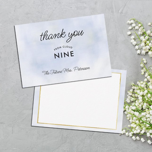 Carte De Remerciements Cloud 9 Pastel Bleu Élégante Fête des mariées blan (cloud 9 bridal shower thank you hand written message card modern elegant pastel blue calligraphy)