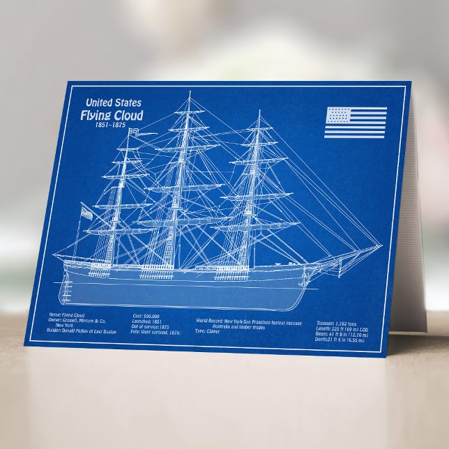 Carte De Remerciements Cloud de vol de navire Clipper - Plan ABD (Clipper Ship Flying Cloud - Blueprint ABD. Thank You Card)