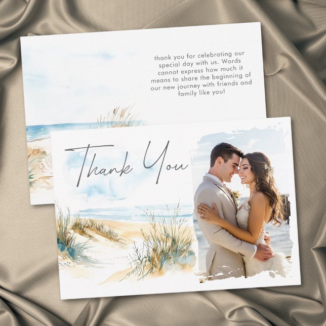 Carte De Remerciements Coastal Beach Modern Watercolor Photo Wedding (Coastal Beach Modern Watercolor Photo Wedding Thank You Card)