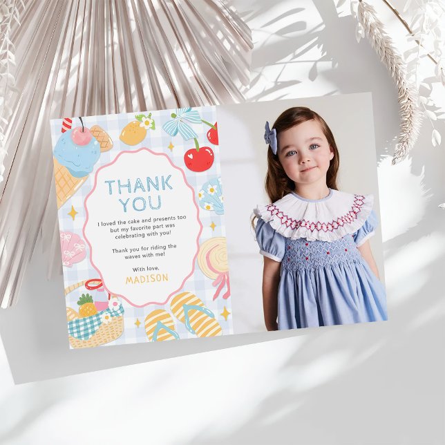 Carte De Remerciements Coastal Beach Pastel Doodle Girls Birthday Photo (Créateur téléchargé)