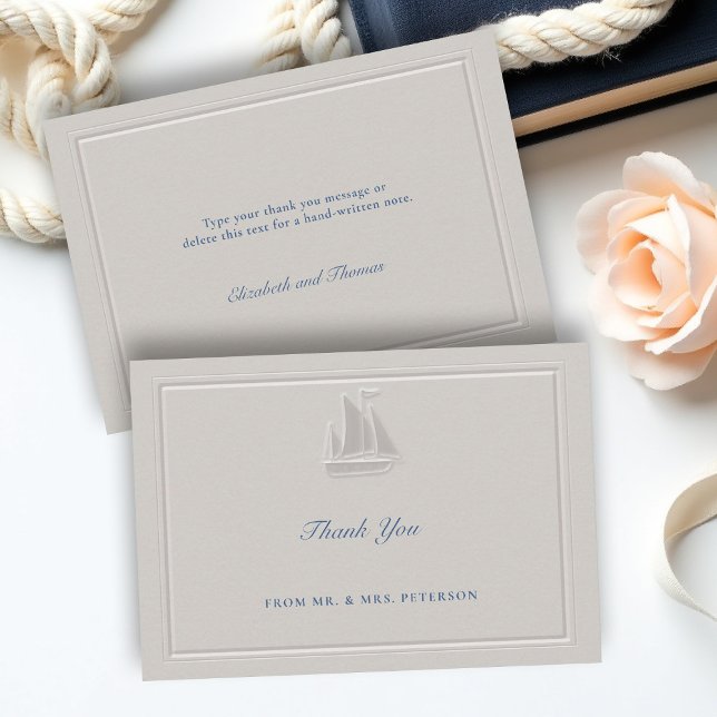 Carte De Remerciements Coastal Nautical Sailboat Elegant Simple Wedding (coastal wedding thank you card nautical sail boat formal traditional double frame modern classic)