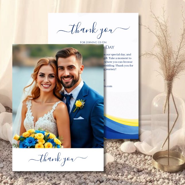Carte De Remerciements Cobalt Blue and Yellow Photo Wedding Thank you (Cobalt Blue and Yellow Photo Wedding Thank you )