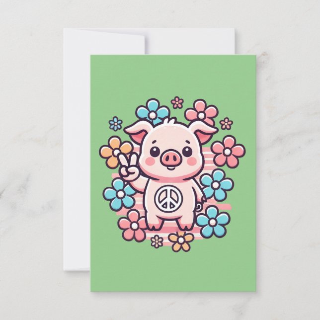Carte De Remerciements Cochon mignon avec la paix Signal & Fleurs à thème (Devant)