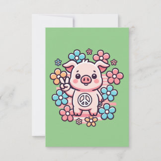 Carte De Remerciements Cochon mignon avec la paix Signal & Fleurs à thème