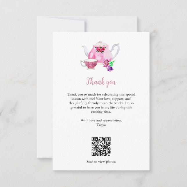Carte De Remerciements Code QR de la fête de douche de mariée thé "L'amou (Devant)
