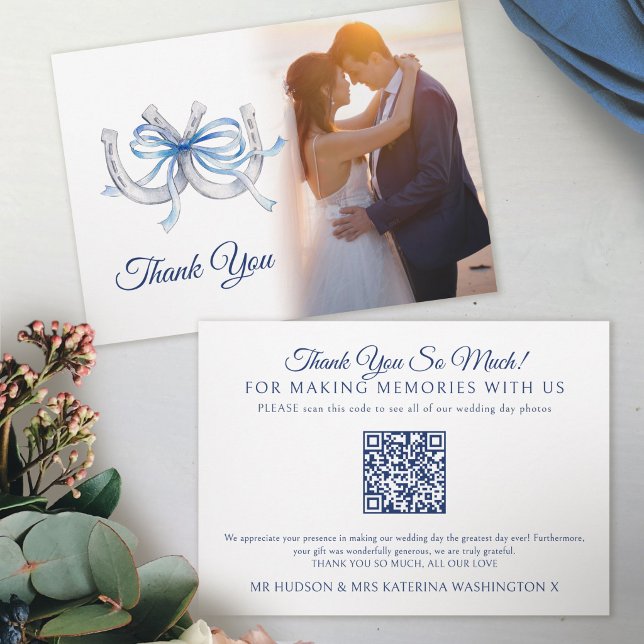 Carte De Remerciements Code QR de mariage à l'aquarelle bleue en fer à ch (Créateur téléchargé)