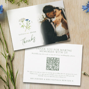 Carte De Remerciements Code QR de photo de mariage à monogramme de fleur 