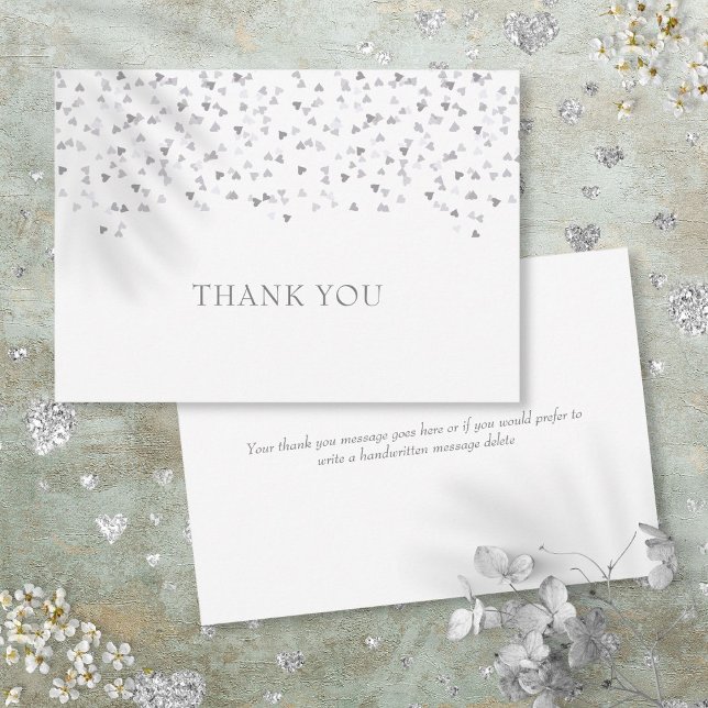 Carte De Remerciements Cœur d'amour en confettis argentés (Silver Love Hearts Confetti Thank You Card)