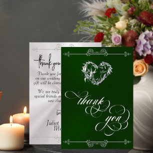 Carte De Remerciements Cœur d'Argent & Calligraphie sur Émeraude/Blanc