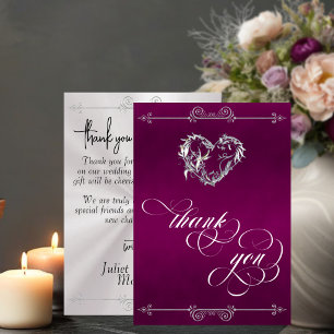 Carte De Remerciements Cœur d'Argent & Calligraphie sur Fleur de Prunier/