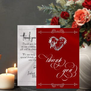 Carte De Remerciements Cœur d'argent & Calligraphie sur rouge/blanc