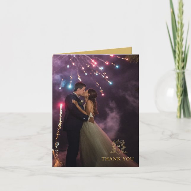 Carte De Remerciements Coeur de la couronne monogramme or blanc mariage p (Devant)