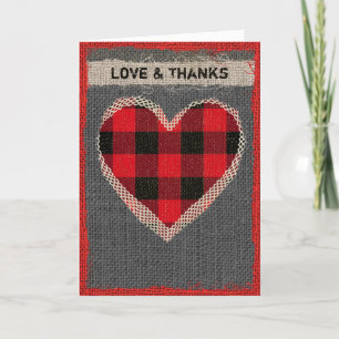 Carte De Remerciements Coeur de plaid de Buffalo rouge et noir de toile