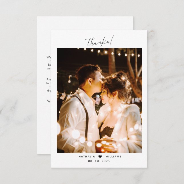 Carte De Remerciements Coeur de script minimal avec Mariage photo (Devant / Derrière)