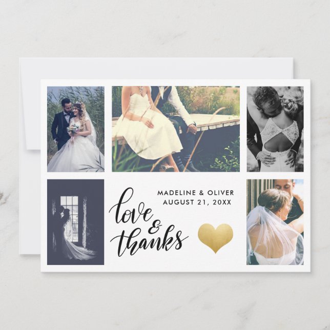 Carte De Remerciements Cœur d'or | Photo de mariage | Script Love & Thank (Devant)