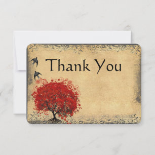 Carte De Remerciements Cœur Feuille Arbre Rouge Vintage Oiseau Mariage Me