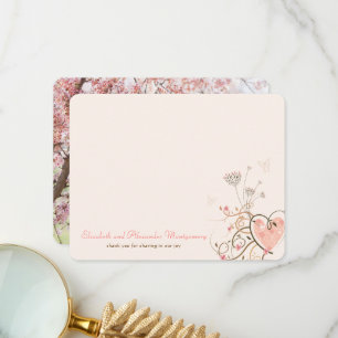 Carte De Remerciements Coeur rose doux et papillons Floral Chic Mariage