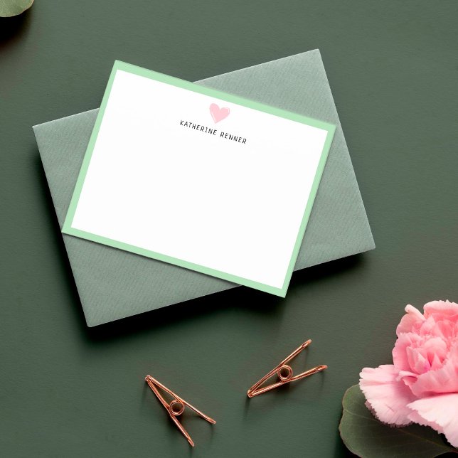 Carte De Remerciements Coeur rose Pastel Bordure verte Personnalisée (Créateur téléchargé)