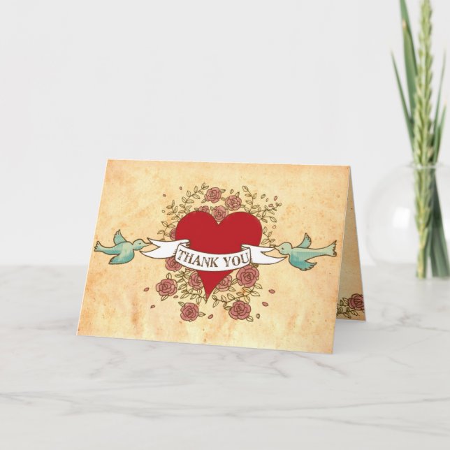 Carte De Remerciements Coeur, roses, oiseaux, et mariage de Bohème de (Devant)