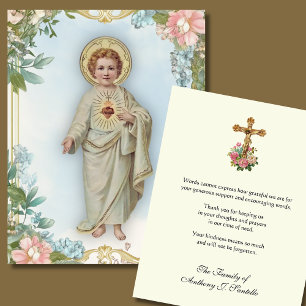 Carte De Remerciements Cœur Sacré & Crucifix Fleurs Funéraires