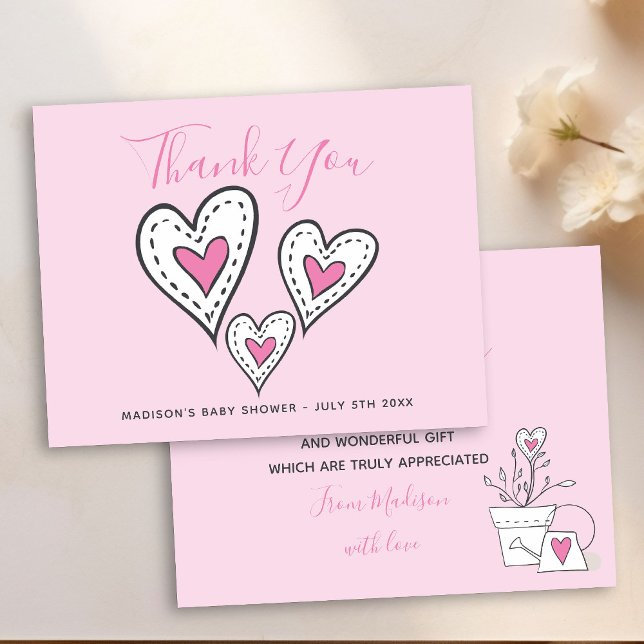 Carte De Remerciements Coeurs d'amour rose Pots Plante Baby shower fille (Pink thank you card with cute doodled love hearts)