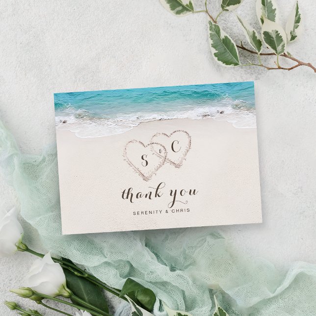 Carte De Remerciements Coeurs dans le sable destination mariage plage (Hearts in the sand destination beach wedding thank you card)