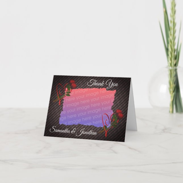 Carte De Remerciements Coeurs Et Roses Élégant Mariage Photo (Devant)