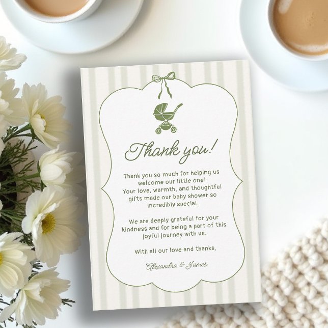 Carte De Remerciements Coffee Bebe Brewing Stripes Brunch Baby Shower (baby shower brunch thank you card coffee theme brewing olive green bistro hand drawn paris bistro)