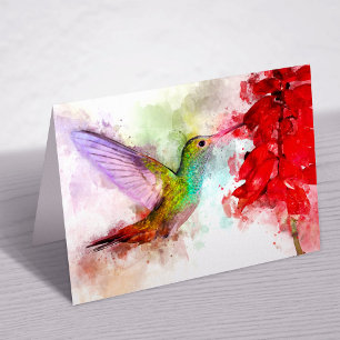 Carte De Remerciements Colibri à l'aquarelle se nourrissant de fleur roug