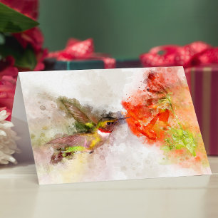 Carte De Remerciements Colibri à l'aquarelle se nourrissant d'une fleur v
