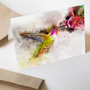 Carte De Remerciements Colibri se nourrissant sur une fleur rose Aquarell