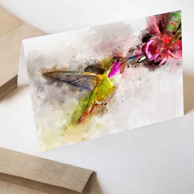 Carte De Remerciements Colibri volant avec fleur Aquarelle - 04 (Créateur téléchargé)