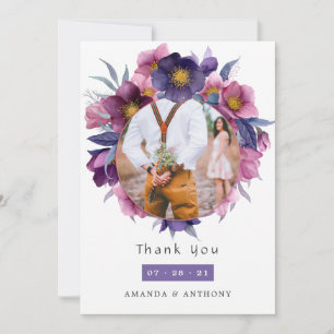 Carte De Remerciements Collage de mariage floral aquarelle Violet Plum