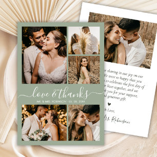 Carte De Remerciements Collage de photos de mariage Vert Sauge Amour et R
