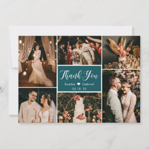 Carte De Remerciements Collage Multi Photo Mariage Élégant Turquoise Et B