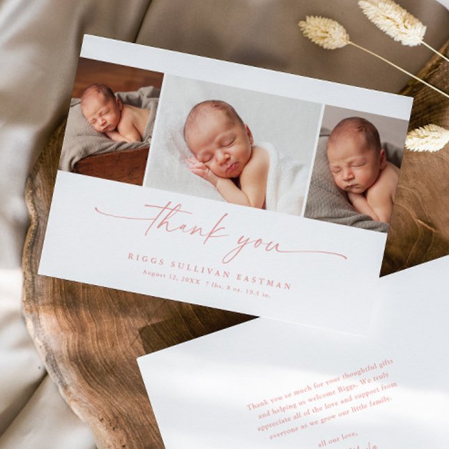 Carte De Remerciements Collage photo bébé écriture simple (Elegant modern script 3 photo collage baby thank you announcement card.)