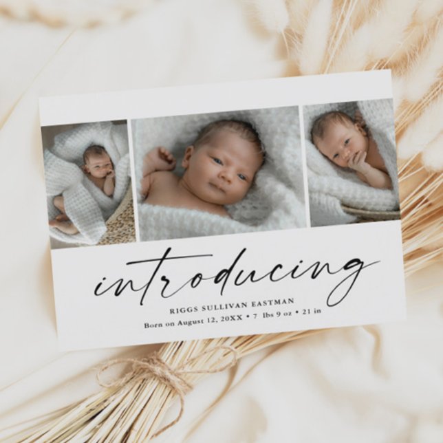Carte De Remerciements Collage photo de bébé moderne de présentation (Modern script introducing 3 photo collage baby birth announcement thank you card.)